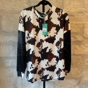Sunshine & Rodeos- Cow Print Top with Sequin Sleeves (Sequence).